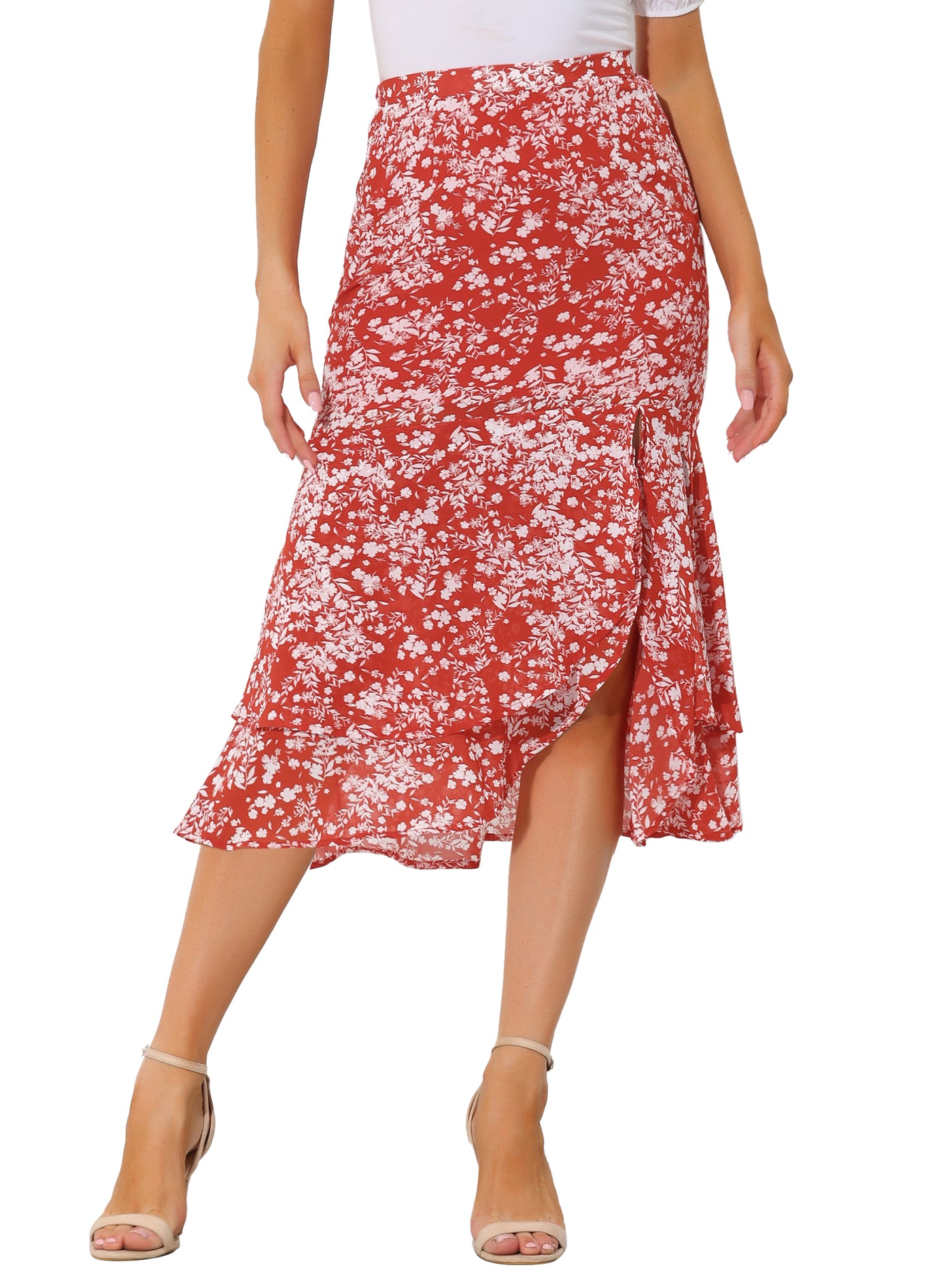 Allegra K Floral Asymmetrical Ruffle Hem Split Layered Midi Skirt