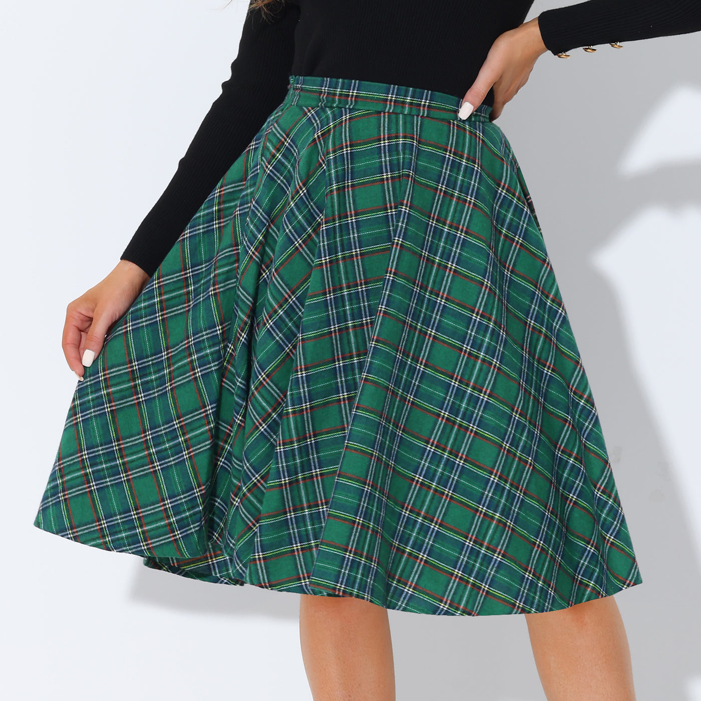 Allegra K Plaid Tartan High Elastic Waist A-Line Flare Skirt