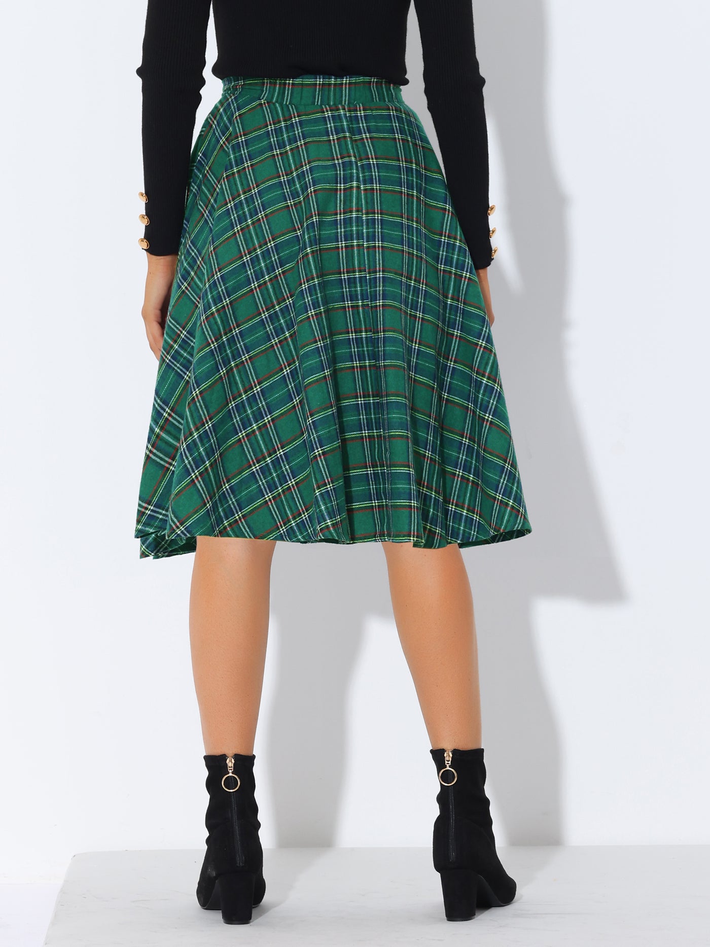 Allegra K Plaid Tartan High Elastic Waist A-Line Flare Skirt