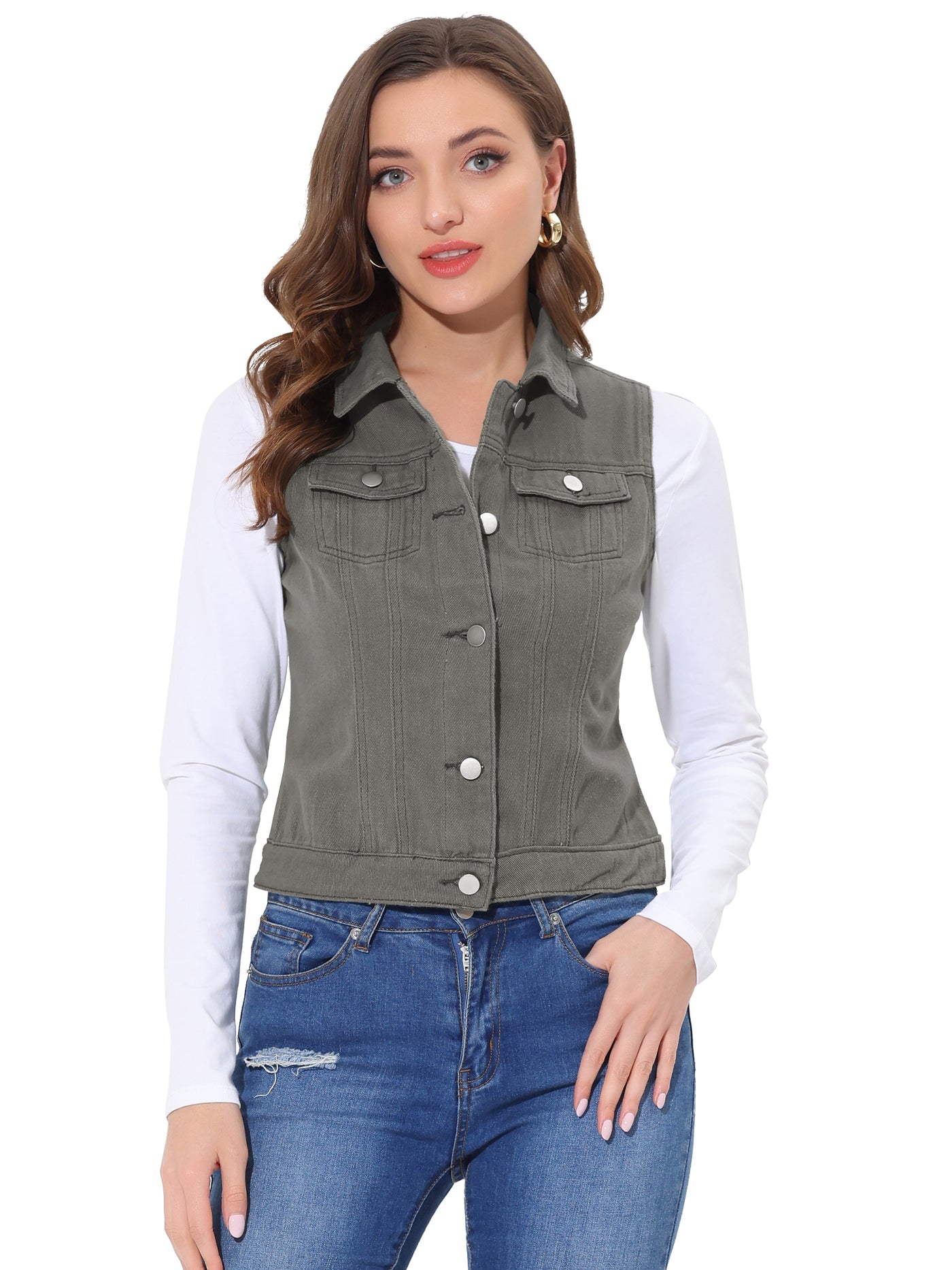 Allegra K Flap Pocket Washed Buttoned Denim Jacket Vest