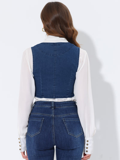 Denim Vintage Button Up Sleeveless Crop Jean Waistcoat Vest