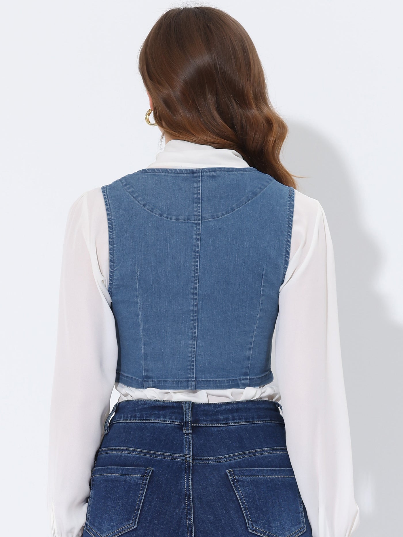 Allegra K Denim Vintage Button Up Sleeveless Crop Jean Waistcoat Vest