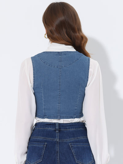 Denim Vintage Button Up Sleeveless Crop Jean Waistcoat Vest