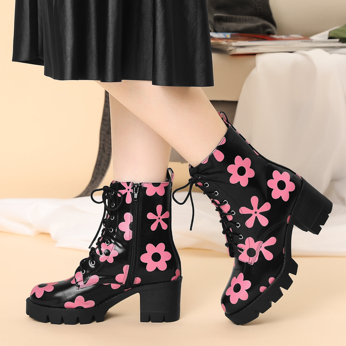Allegra K Printed Platform Round Toe Lace Up Chunky Heel Combat Boots
