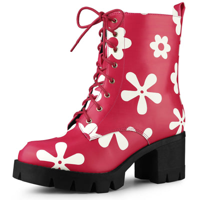 Printed Platform Round Toe Lace Up Chunky Heel Combat Boots