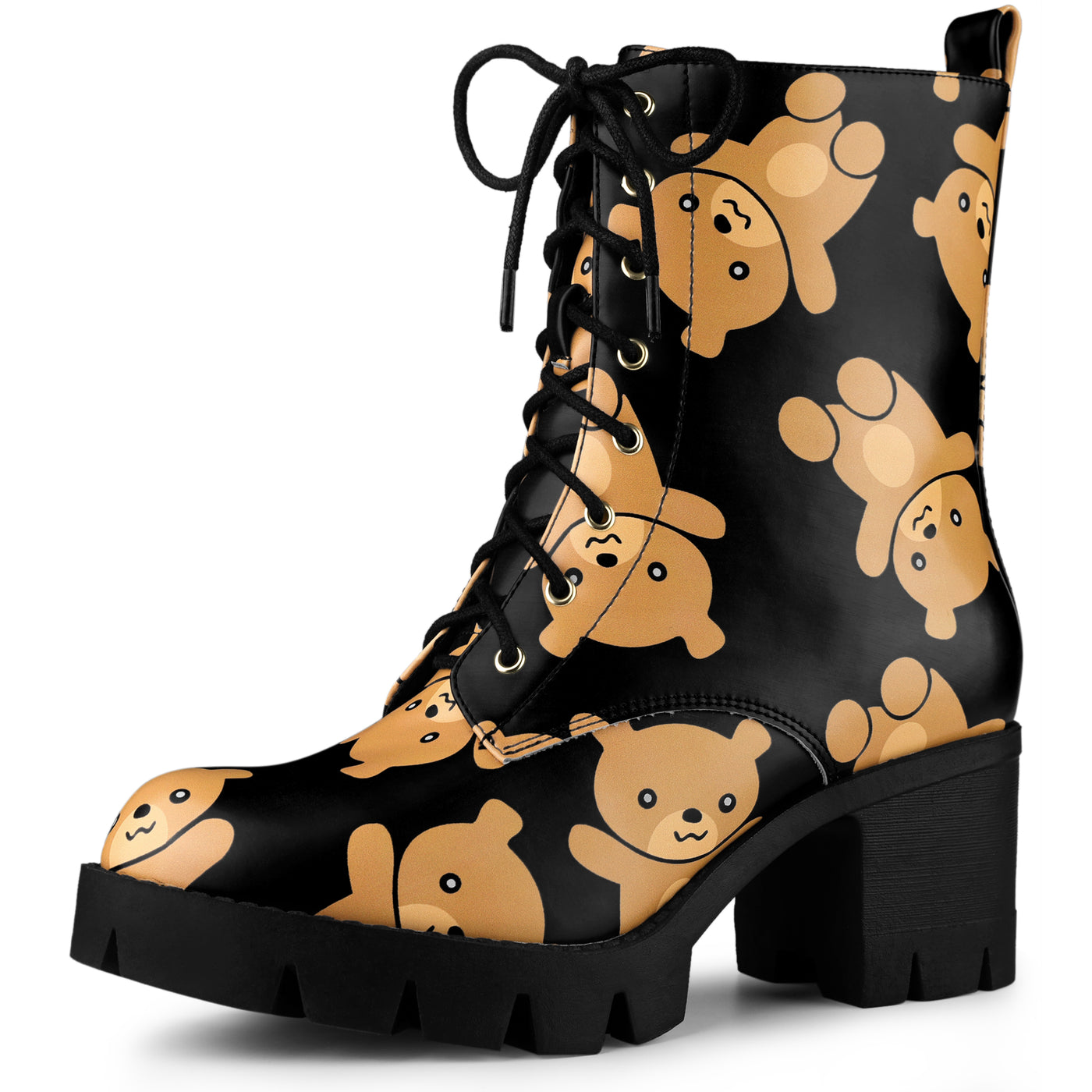 Allegra K Printed Platform Round Toe Lace Up Chunky Heel Combat Boots