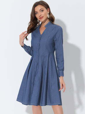Vintage V Neck Stand Collar Pleated Long Sleeve Chambray Dress