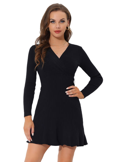 V Neck Long Sleeve A-Line Swing Bodycon Solid Ribbed Knit Mini Dress