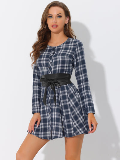 Plaid Long Sleeve Button Down Belted Mini Shirtdress