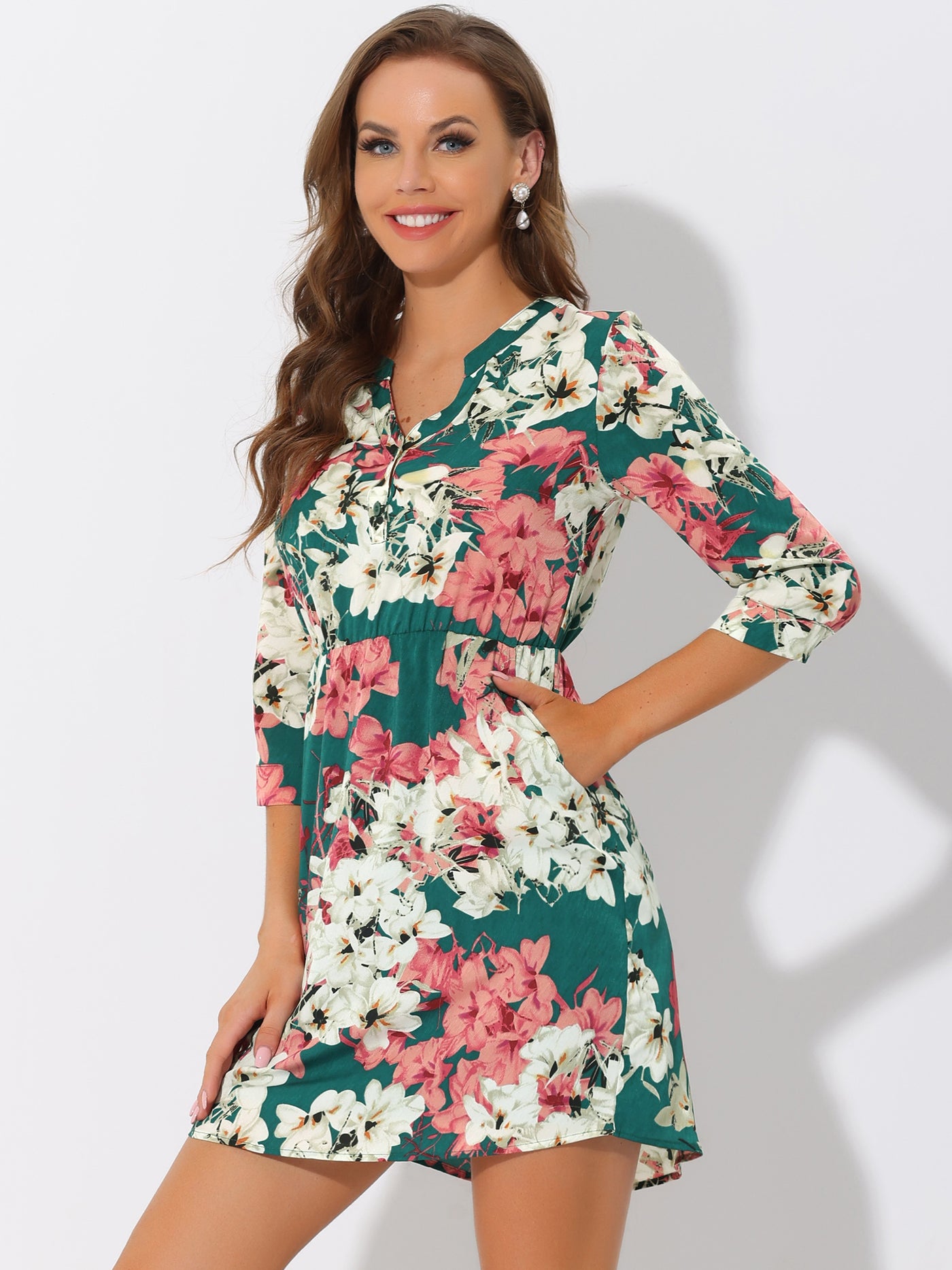 Allegra K Button-Up V Neck 3/4 Sleeve Floral T-Shirt Dress with Pockets