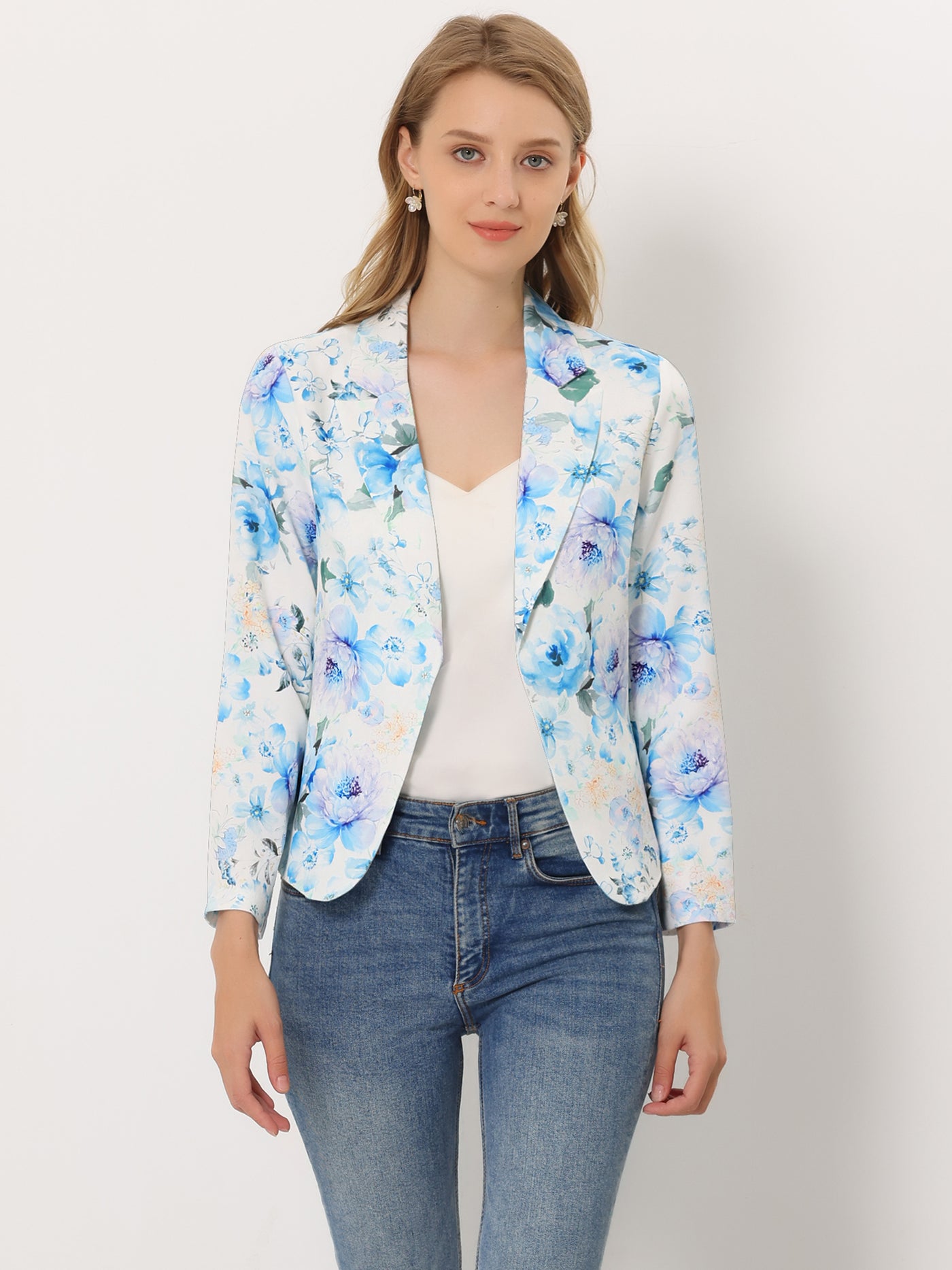Allegra K Open Front Floral Work Business Crop Blazer Jacket