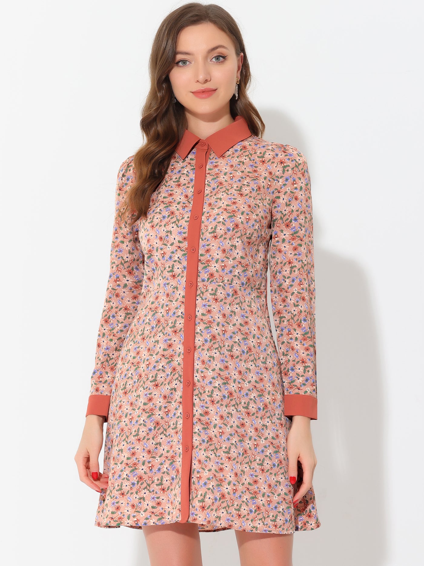Allegra K Contrast Collar Button Front Vintage Long Sleeve Floral Shirt Dress