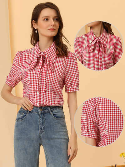 Plaid Blouse for Bow Tie Neck Puff Short Sleeve Gingham Shirt Top