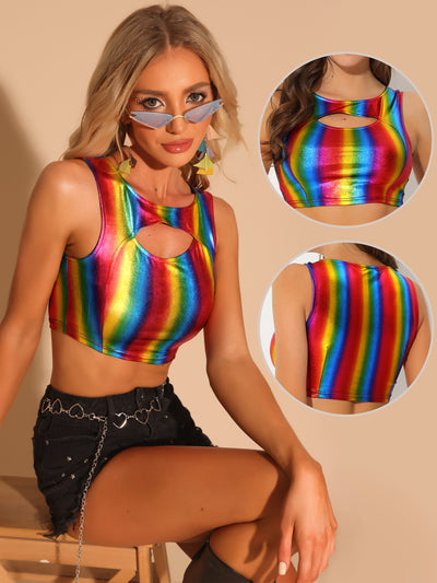 Allegra K Metallic Shiny Sleeveless Cut Out Party Holographic Crop Top