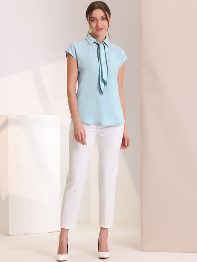 Bow Tie Neck Top Point Collar Cap Sleeve Casual Work Blouse