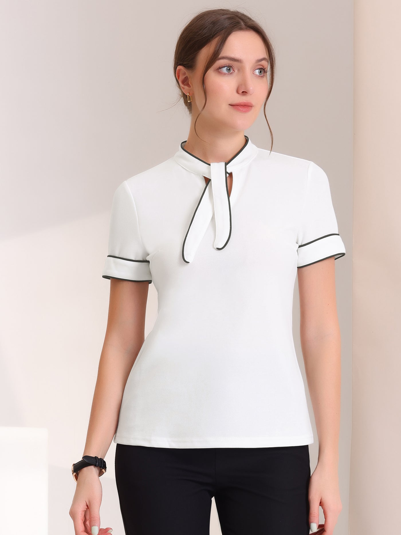 Allegra K Office Blouse Short Sleeve Cutout Contrast Binding Tie Work Tops