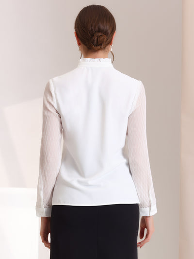Office Ruffle V Neck Button Decor Sheer Long Sleeve Blouse
