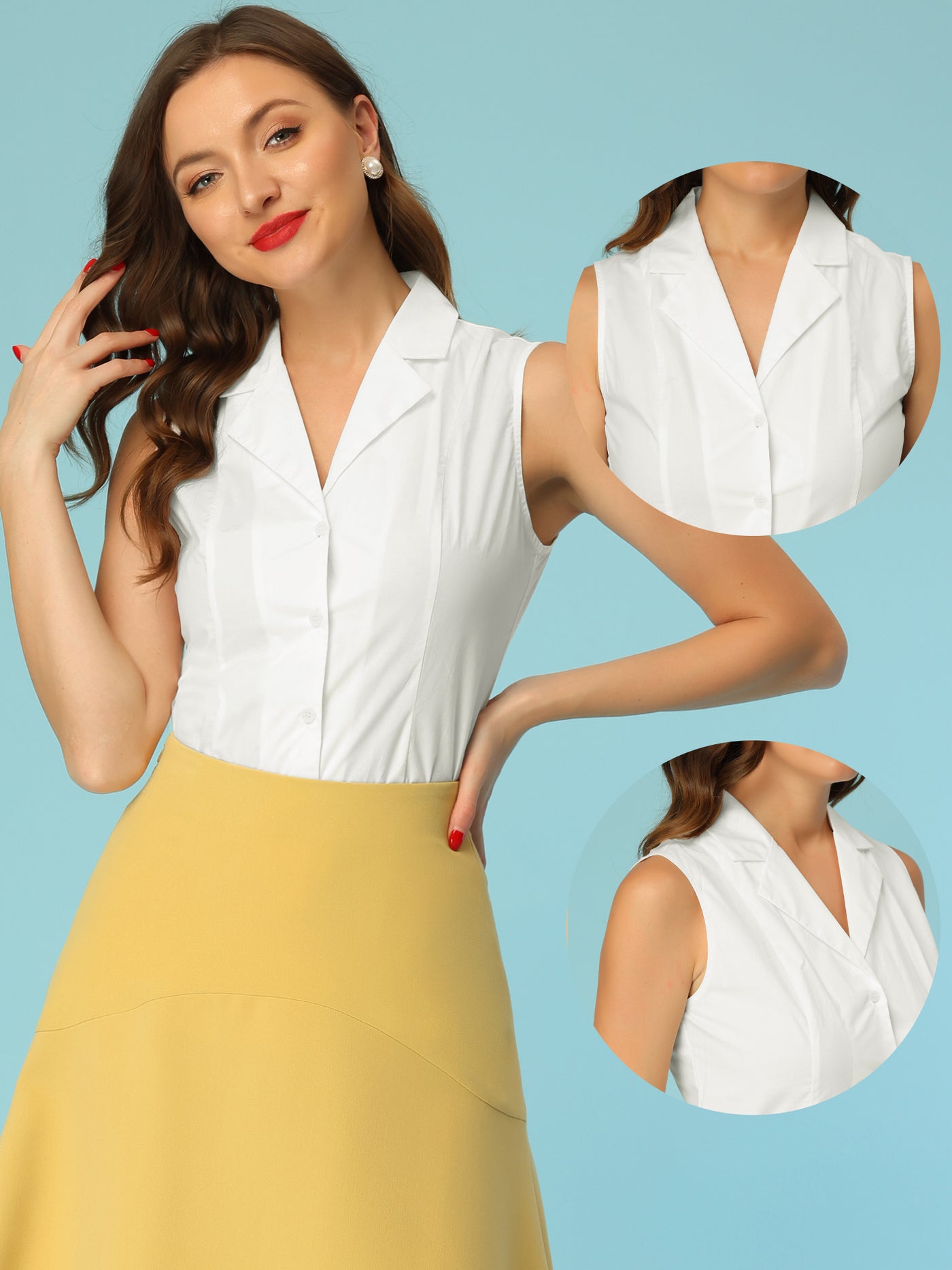 Allegra K Elegant Sleeveless Shirt for Cotton Lapel Collar 1950s Vintage Top