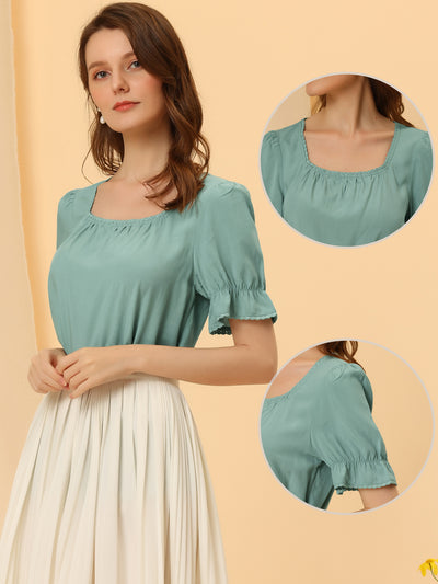 Casual Square Neck Ruffled Short Sleeve Summer Peasant Blouse