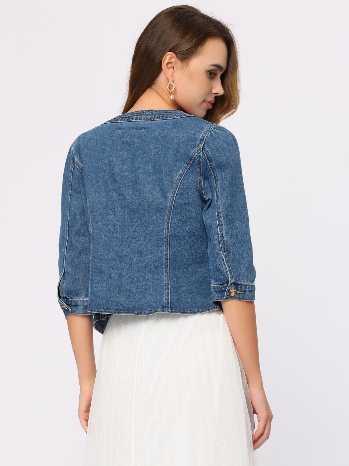Allegra K Denim Collarless Pockets 3/4 Sleeve Feminine Style Jacket