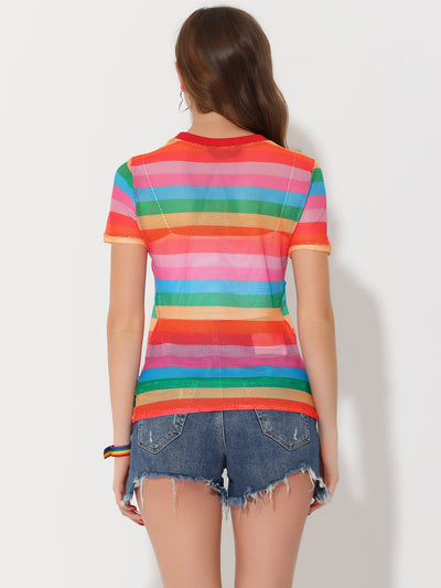 Rainbow Top for Short Sleeve Sheer Stripe Mesh Shirt