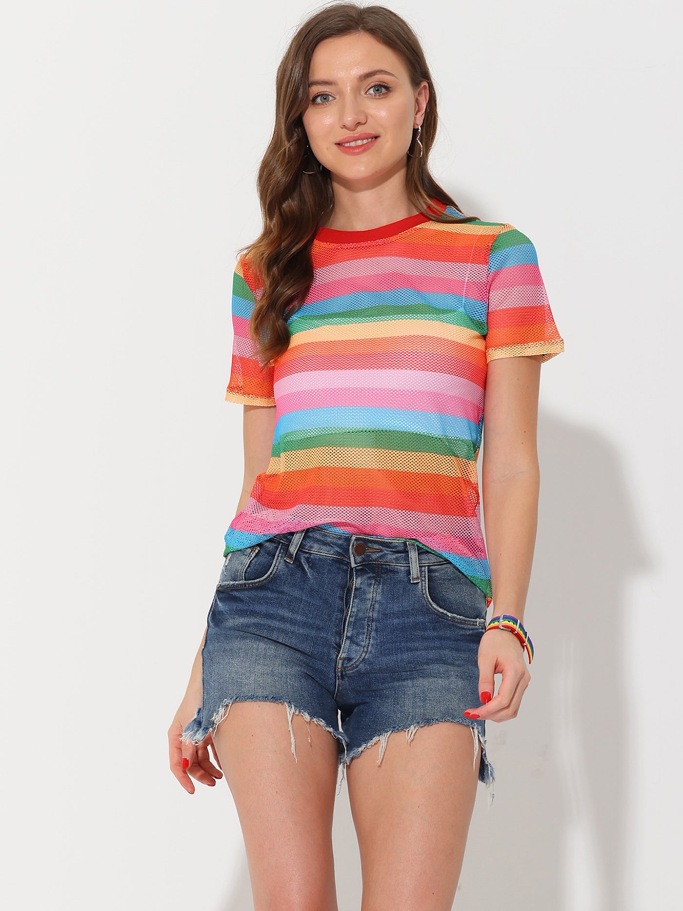 Allegra K Rainbow Top for Short Sleeve Sheer Stripe Mesh Shirt