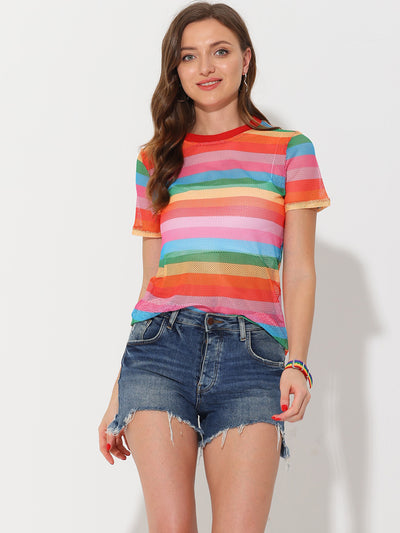 Rainbow Top for Short Sleeve Sheer Stripe Mesh Shirt