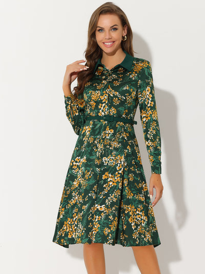 Floral Contrast Collar Belted Long Sleeve Retro Work Office Dress