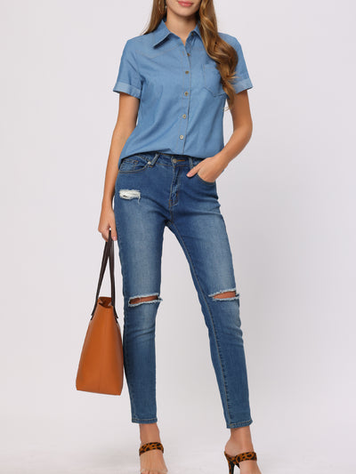 Denim Chambray Casual Button Down Business Short Sleeve Blouse