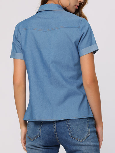 Denim Chambray Casual Button Down Business Short Sleeve Blouse