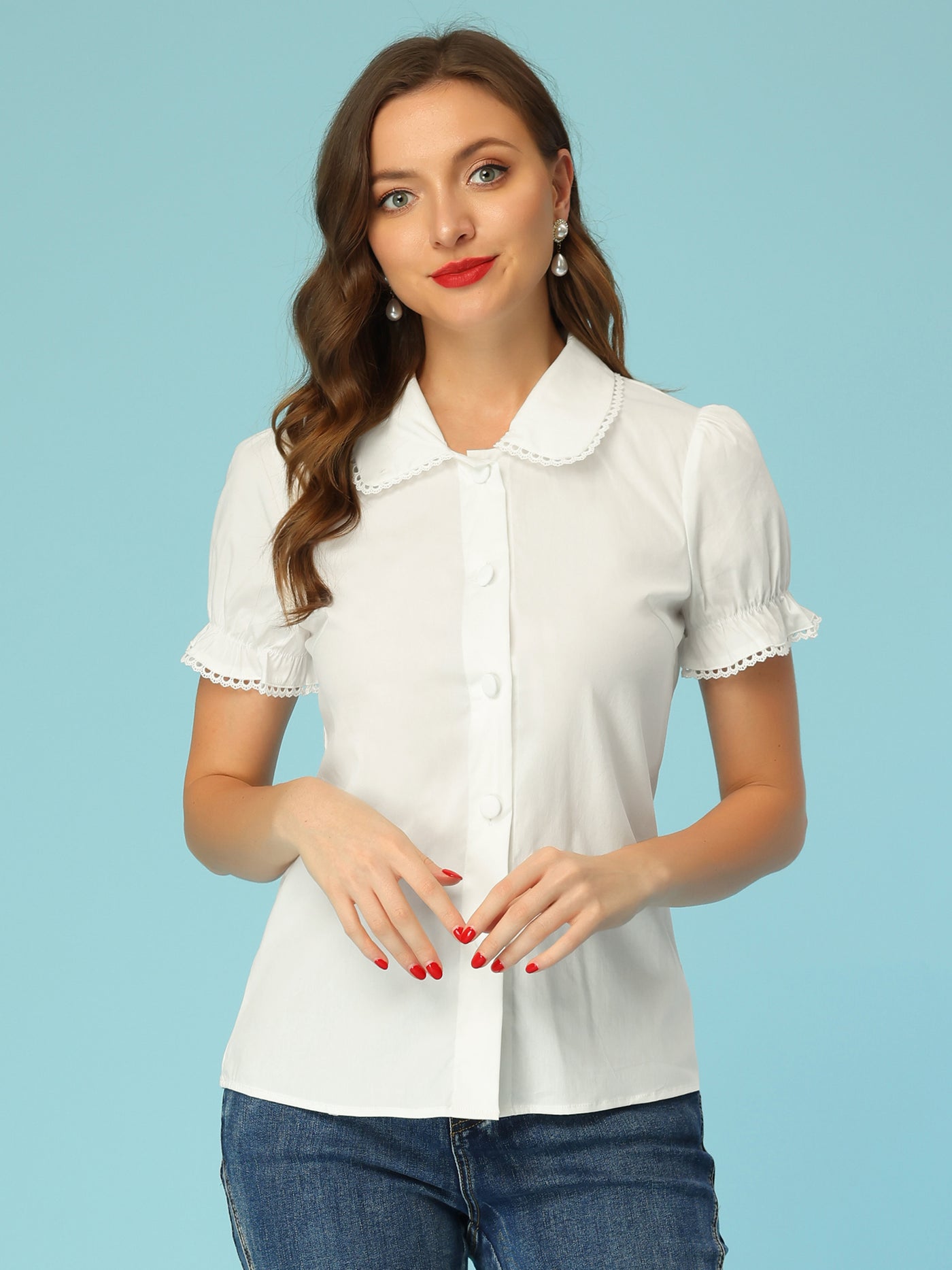 Allegra K Doll Collar Tops for Short Sleeve Button Down Shirt