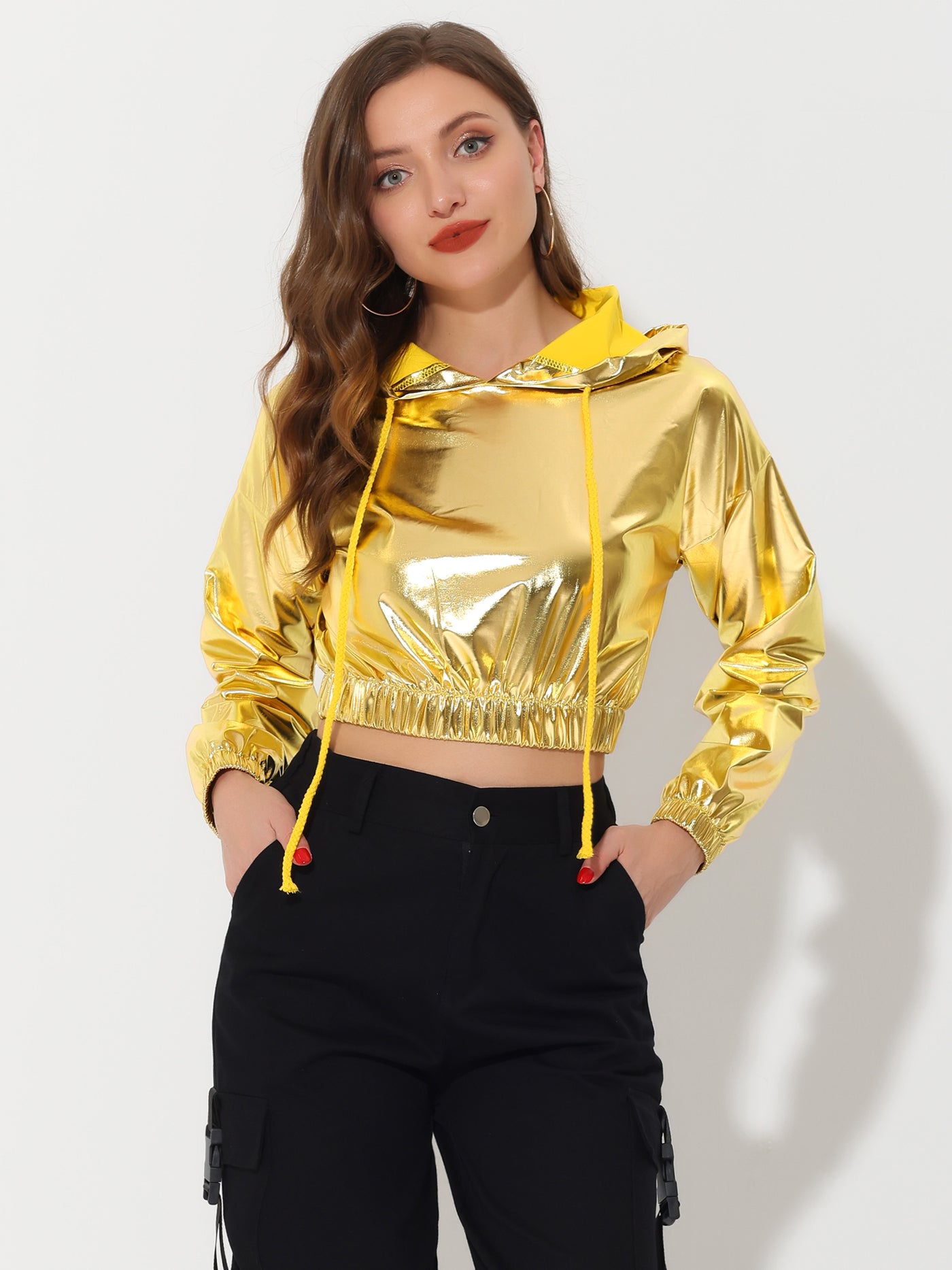 Allegra K Crop Top Hoodies Holographic Shiny Metallic SweatShirt