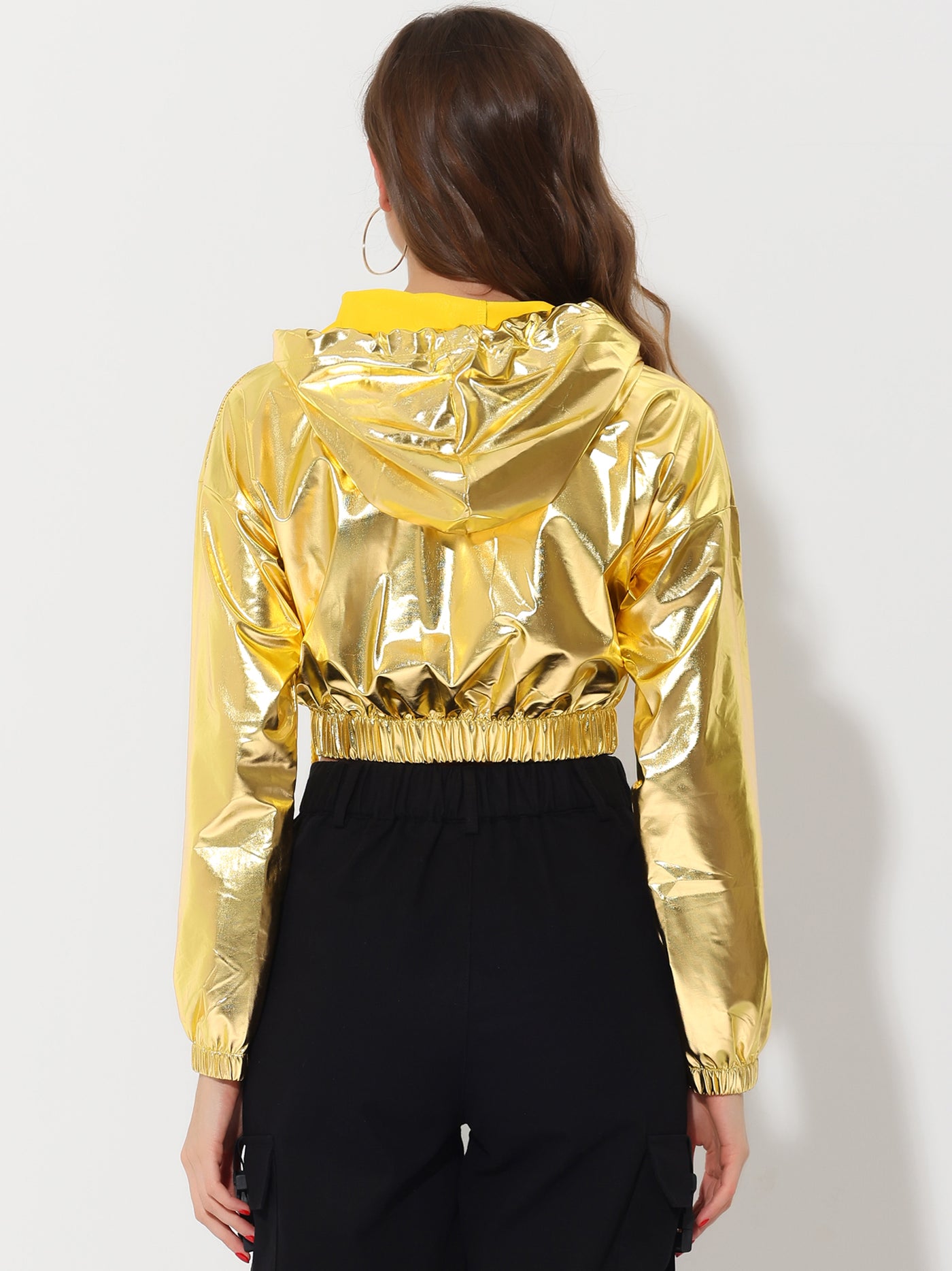 Allegra K Crop Top Hoodies Holographic Shiny Metallic SweatShirt