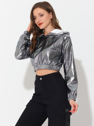 Crop Top Hoodies Holographic Shiny Metallic SweatShirt