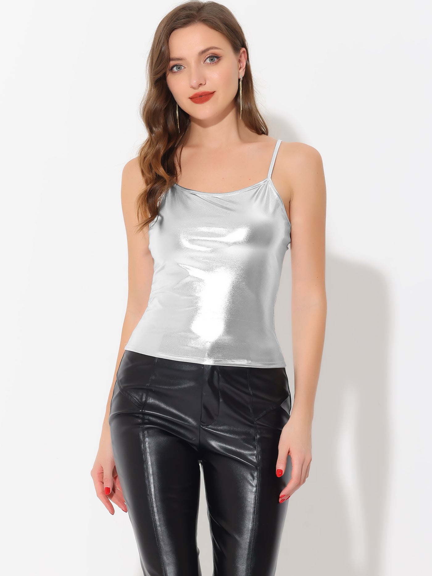 Allegra K Holographic Cami Top Sleeveless Club Party Slim Fit Metallic Shirt