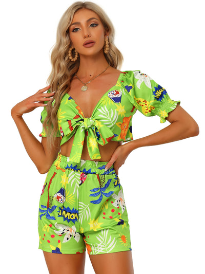 Floral Print Knot Front Puff Sleeve Crop Top Shorts 2 Piece Set
