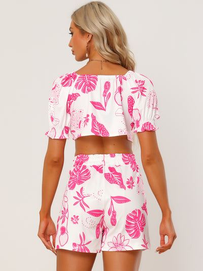 Floral Print Knot Front Puff Sleeve Crop Top Shorts 2 Piece Set