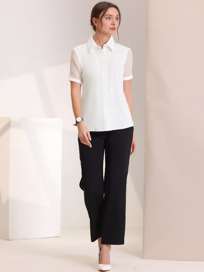 Allegra K Button Down Shirt for Sheer Short Sleeve Point Collar Work Tops