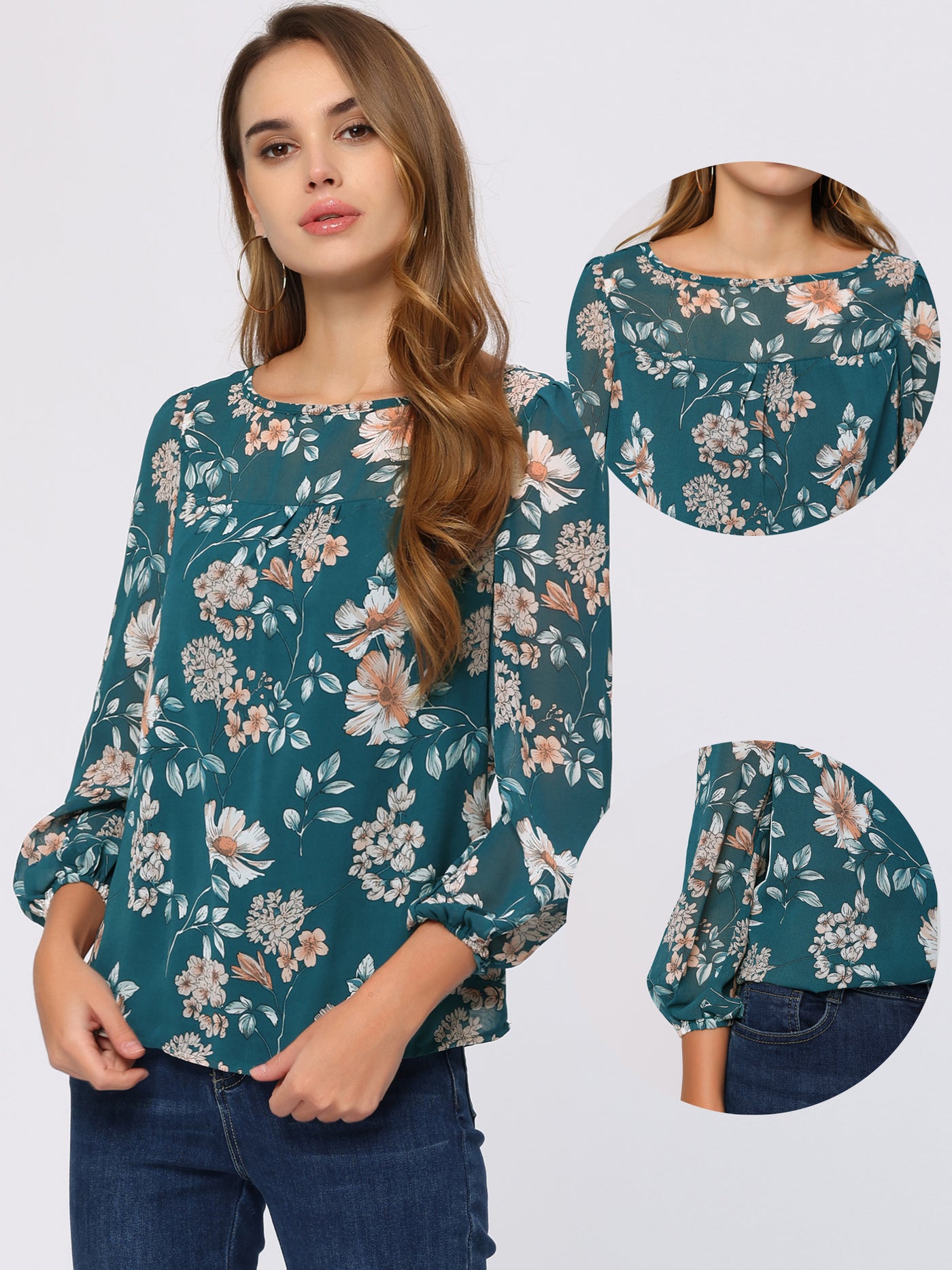 Allegra K Floral Print Spring Casual Round Neck Long Sleeve Chiffon Blouse