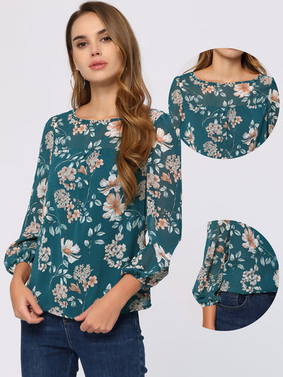 Floral Print Spring Casual Round Neck Long Sleeve Chiffon Blouse