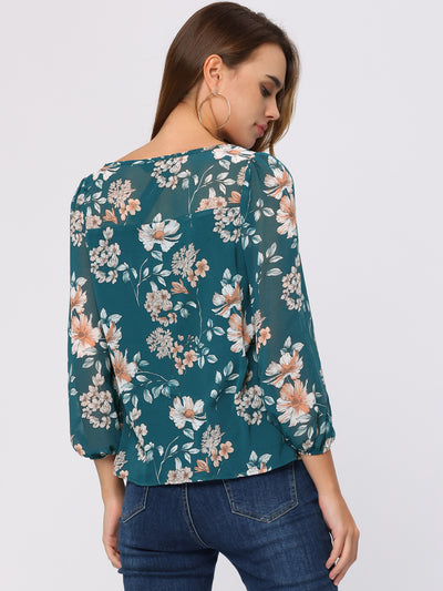 Floral Print Spring Casual Round Neck Long Sleeve Chiffon Blouse