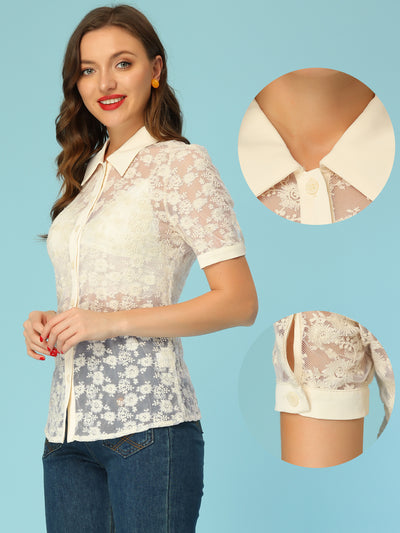 Allegra K Floral Lace Shirt Short Sleeve Semi Sheer Button Down Blouse
