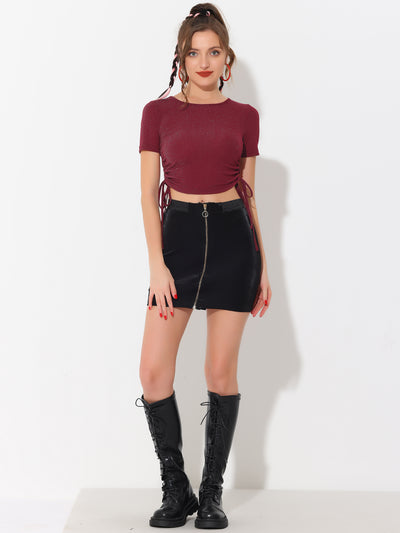 Drawstring Side Ruched Tee Shirt Glitter Crop Tops
