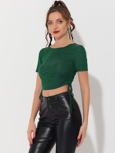Drawstring Side Ruched Tee Shirt Glitter Crop Tops