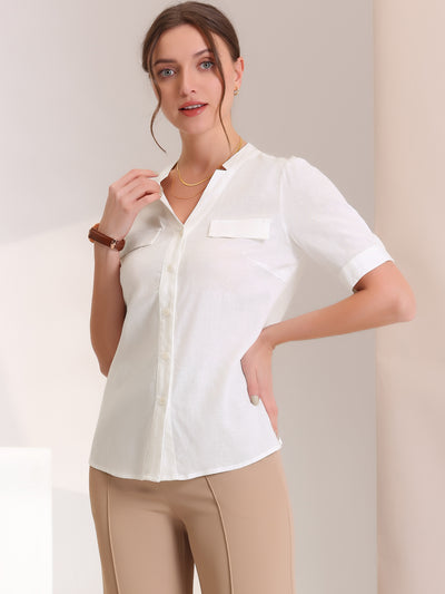 Button Down Tops V Neck Short Sleeve Work Linen Shirt