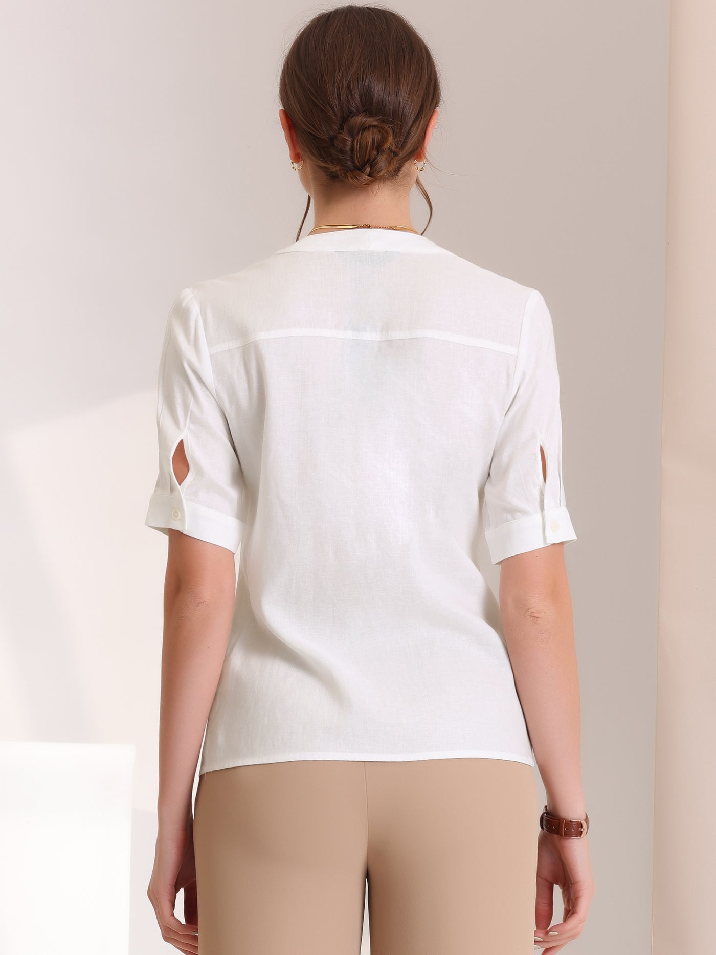 Allegra K Button Down Tops V Neck Short Sleeve Work Linen Shirt