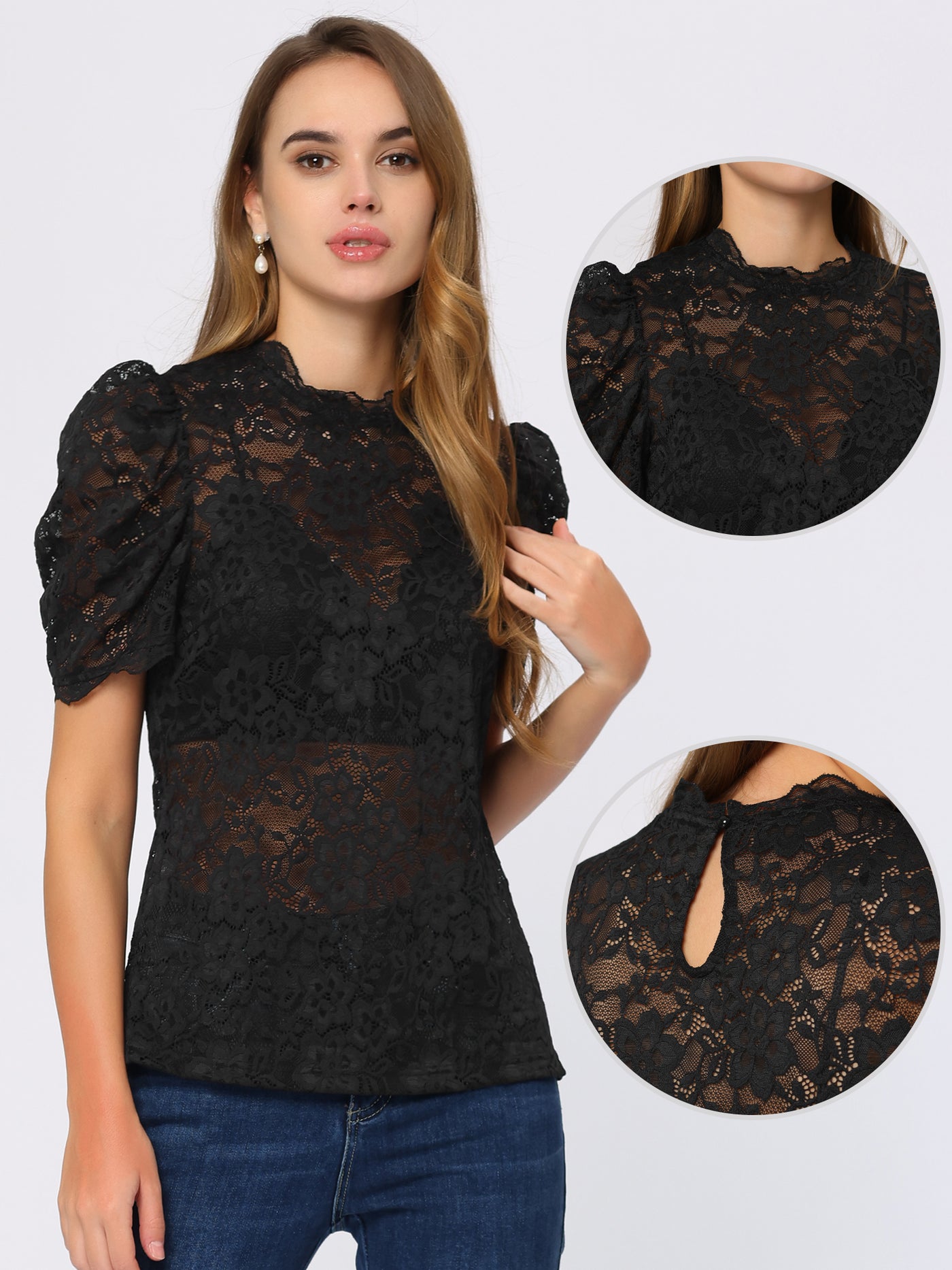 Allegra K Blouse Mock Neck for Puff Short Sleeve Embroidery Lace Tops