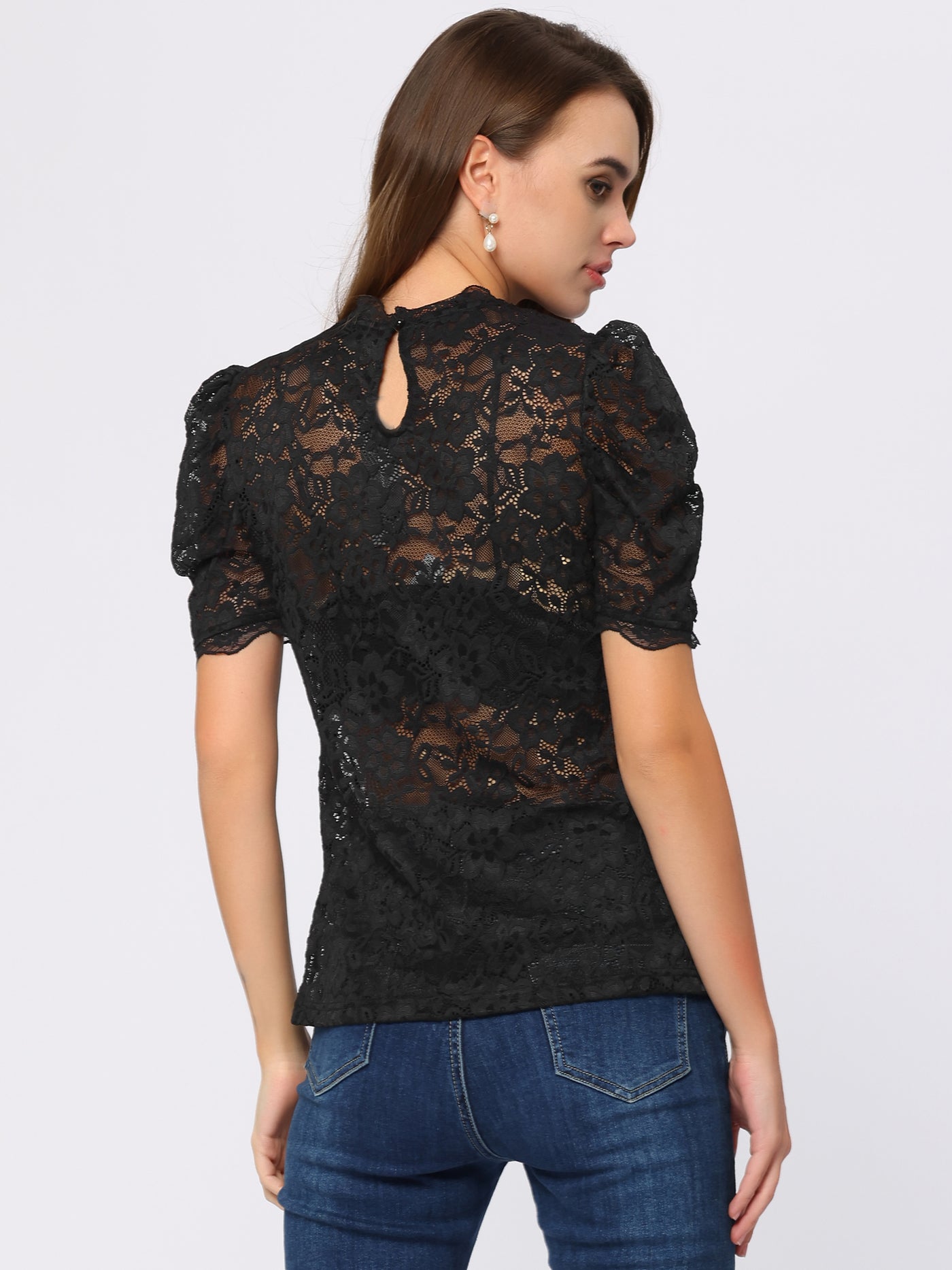 Allegra K Blouse Mock Neck for Puff Short Sleeve Embroidery Lace Tops