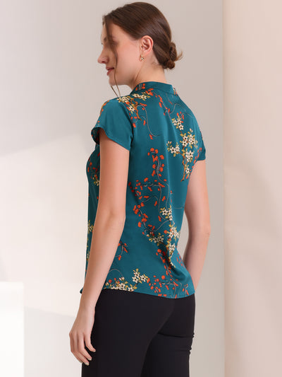 Satin Work Floral Vintage Stand Collar Cap Sleeve Blouse