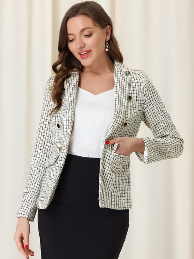 Elegant Plaid Jacket Long Sleeve Open Front Tweed Blazer